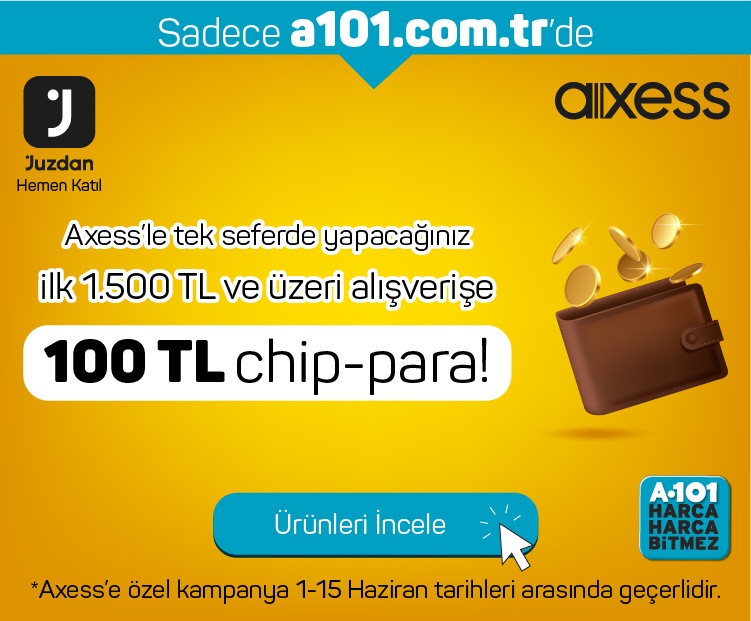 Axess’e özel 1 – 15 Haziran 2023 tarihleri arasında www.A101.com.tr ‘den yapacağınız 1.500 TL ve üzeri ilk alışverişe 100 TL chip-para hediye!