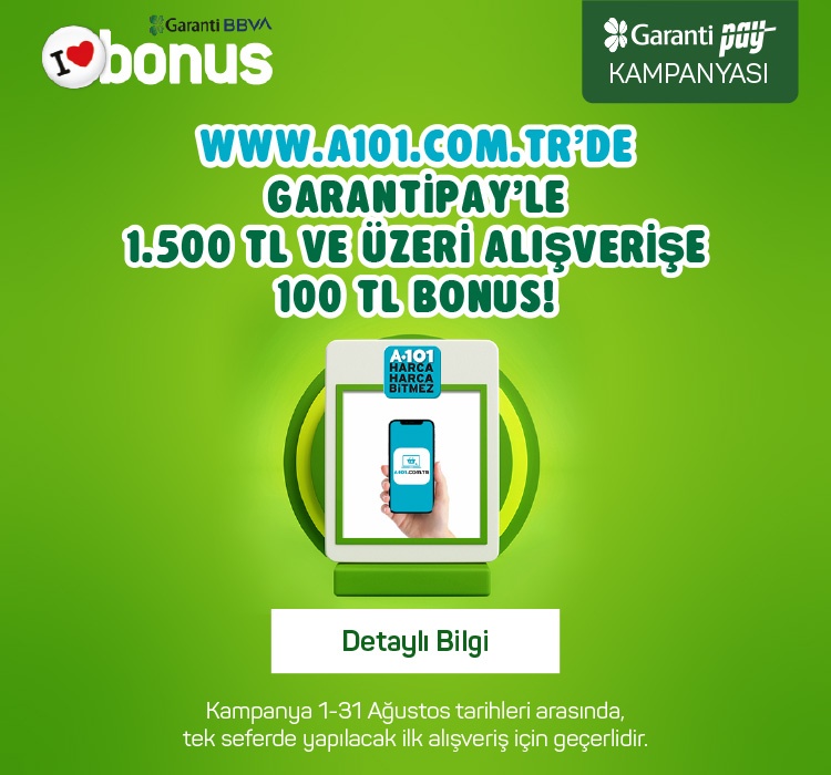 www.a101.com.tr ‘de Garantipay'le 1.500 TL ve Üzeri Alışverişe 100 TL bonus!