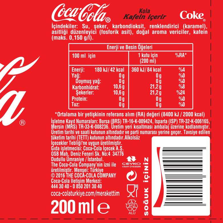 Coca Cola Gazlı İçecek Kola 200 Ml