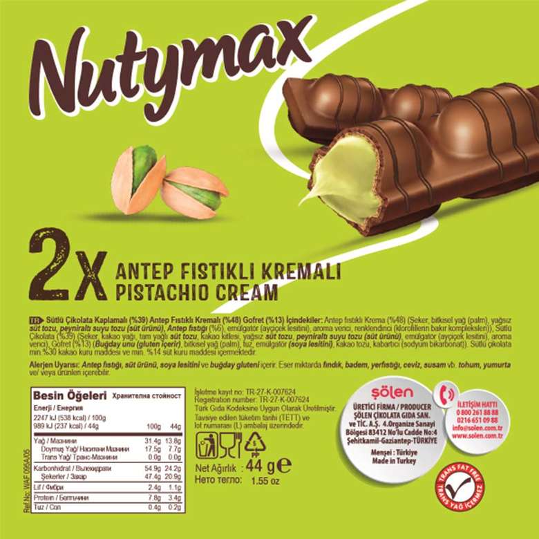 Şölen Nutymax Bar Çikolata Antep Fıstık Kremalı 44 G