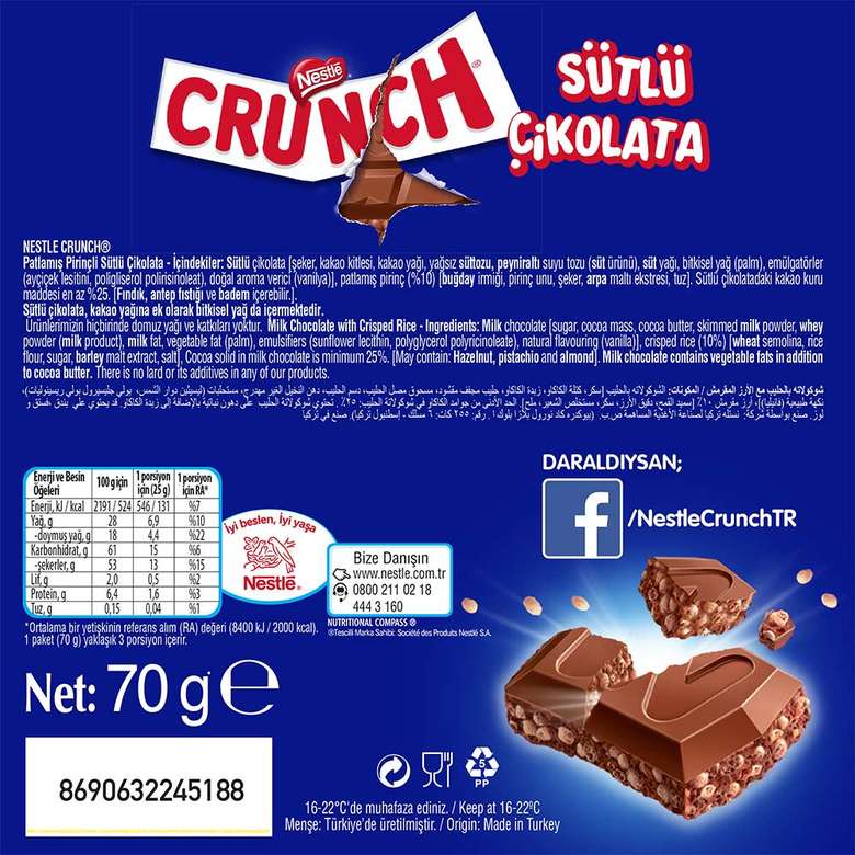 Nestle Crunch Sütlü Çikolata 70 G