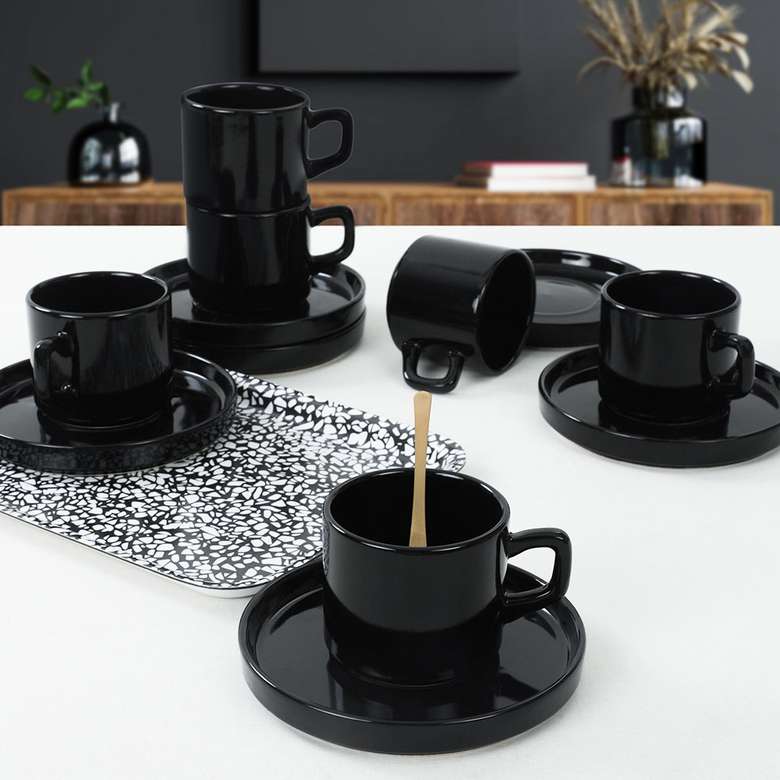 Keramika Siyah Stackable Çay Fincan Takımı 12 Parça 6 Kişilik