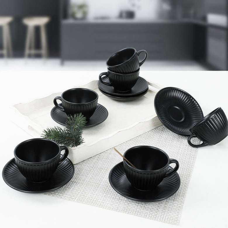 Keramika Mat Siyah Myra Çay Fincan Takımı 12 Parça 6 Kişilik