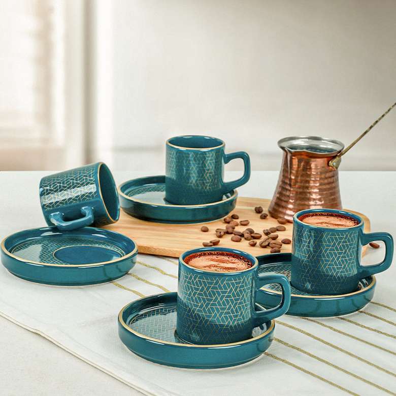 Keramika Dora Petrol Mavi Kahve Fincan Takımı 8 Parça 4 Kişilik