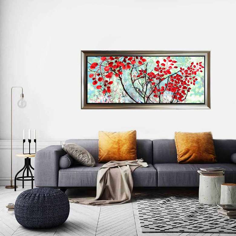 Çerçeveli Linen Baskı Tablo 50x110 - Kırmızı Çiçekler