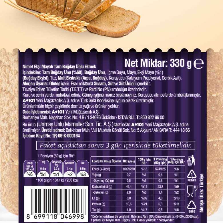 Nimet Premium Ekşi Maya Siyez Buğdaylı Köy Ekmeği 330 g