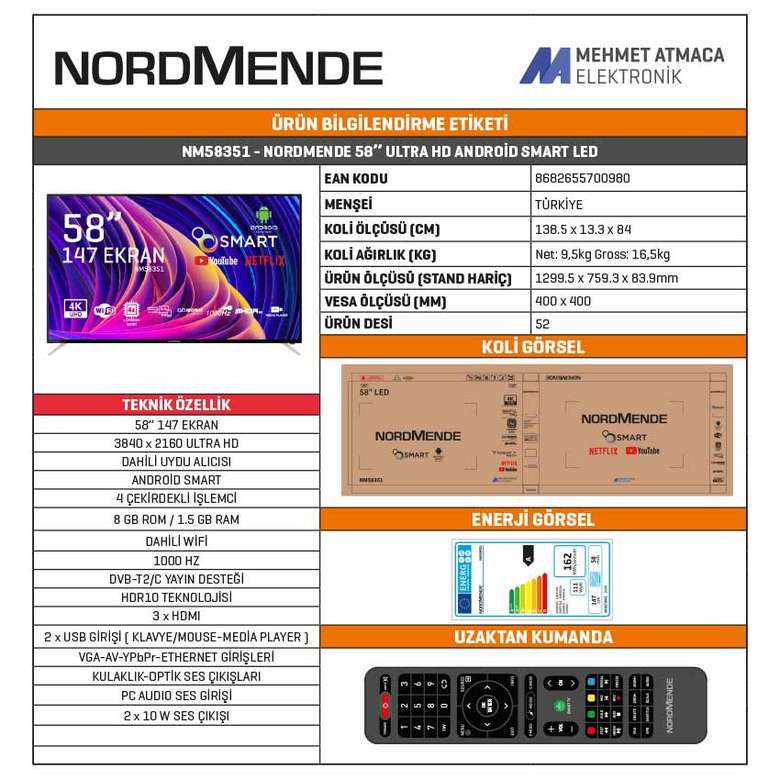 Nordmende NM58351 58" 147 Ekran Ultra HD Android Led TV