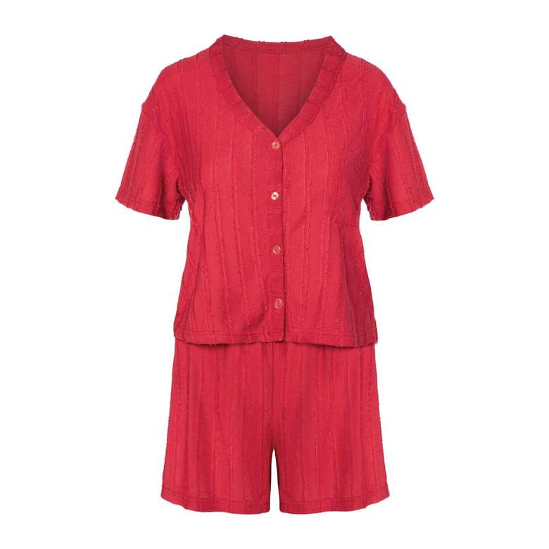 Silk & Blue Saçaklı Düğmeli Yarım Kollu Şortlu Kadın Pijama Takımı Bordo