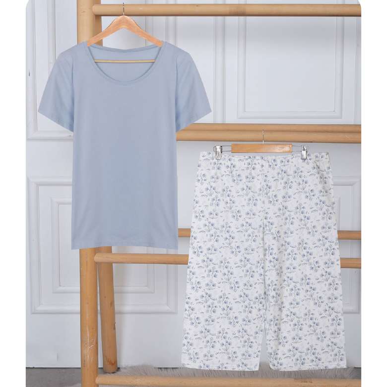 Büyük Beden Kısa Kollu Kaprili Kadın Pijama Takımı Açık Mavi Beyaz